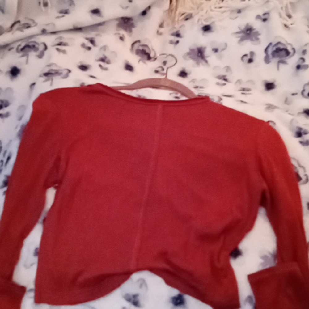 Tight, long sleeve, rustic orange, and cropped, shirt.